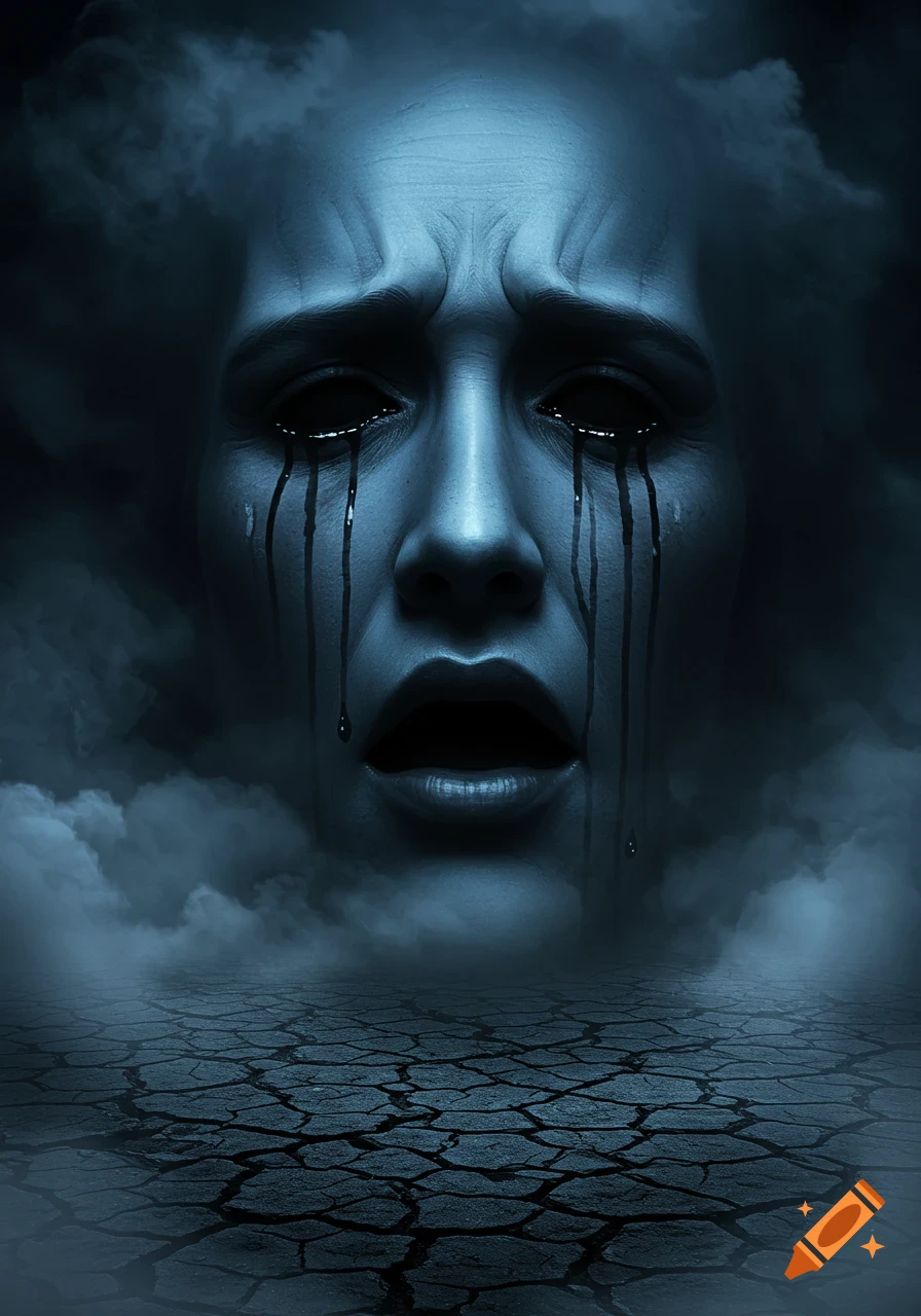 A haunting blue face with black, empty eyes cries black tears over cracked earth. Dark clouds surround the distressed, surreal figure.