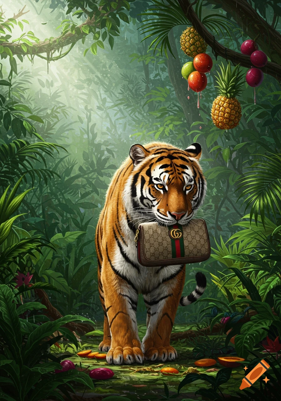 A majestic tiger carries a Gucci bag in a lush rainforest with hanging pineapples and dripping fruits, digital painting.