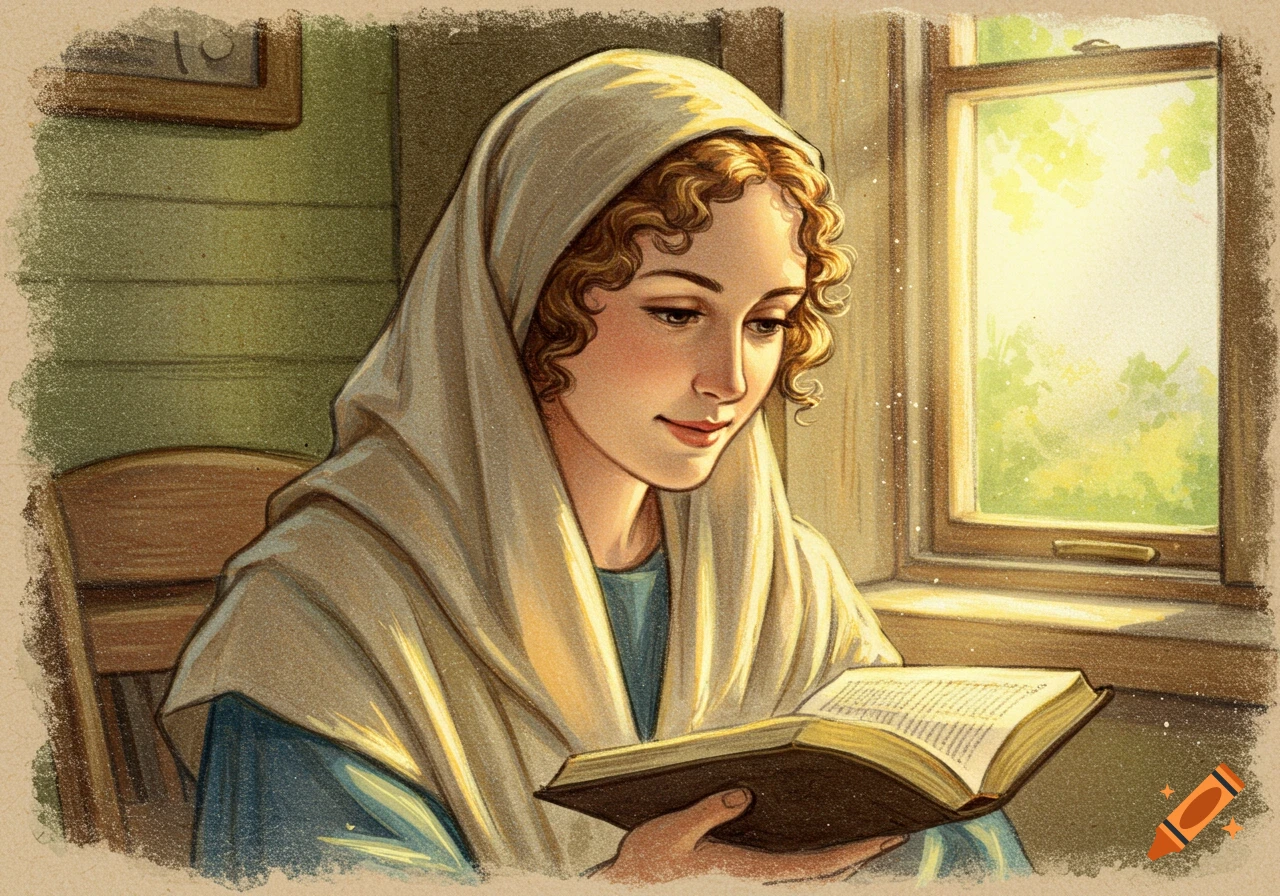 Vintage illustration of a woman with curly hair and a head covering, reading a book by a sunlit window.