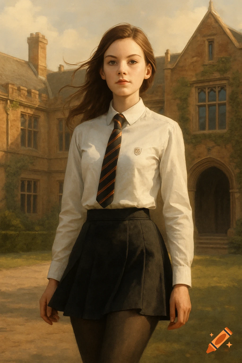 A young woman in a British school uniform, featuring a white shirt, striped tie, short black skirt, and black tights, stands outdoors in front of an old stone building.