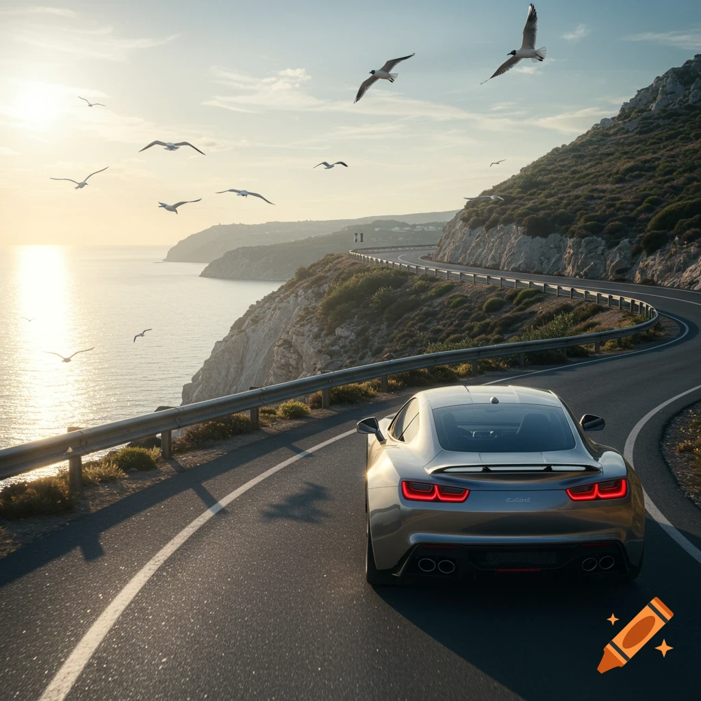 Silver sports car drives on a winding coastal road at sunset, with seagulls flying overhead.