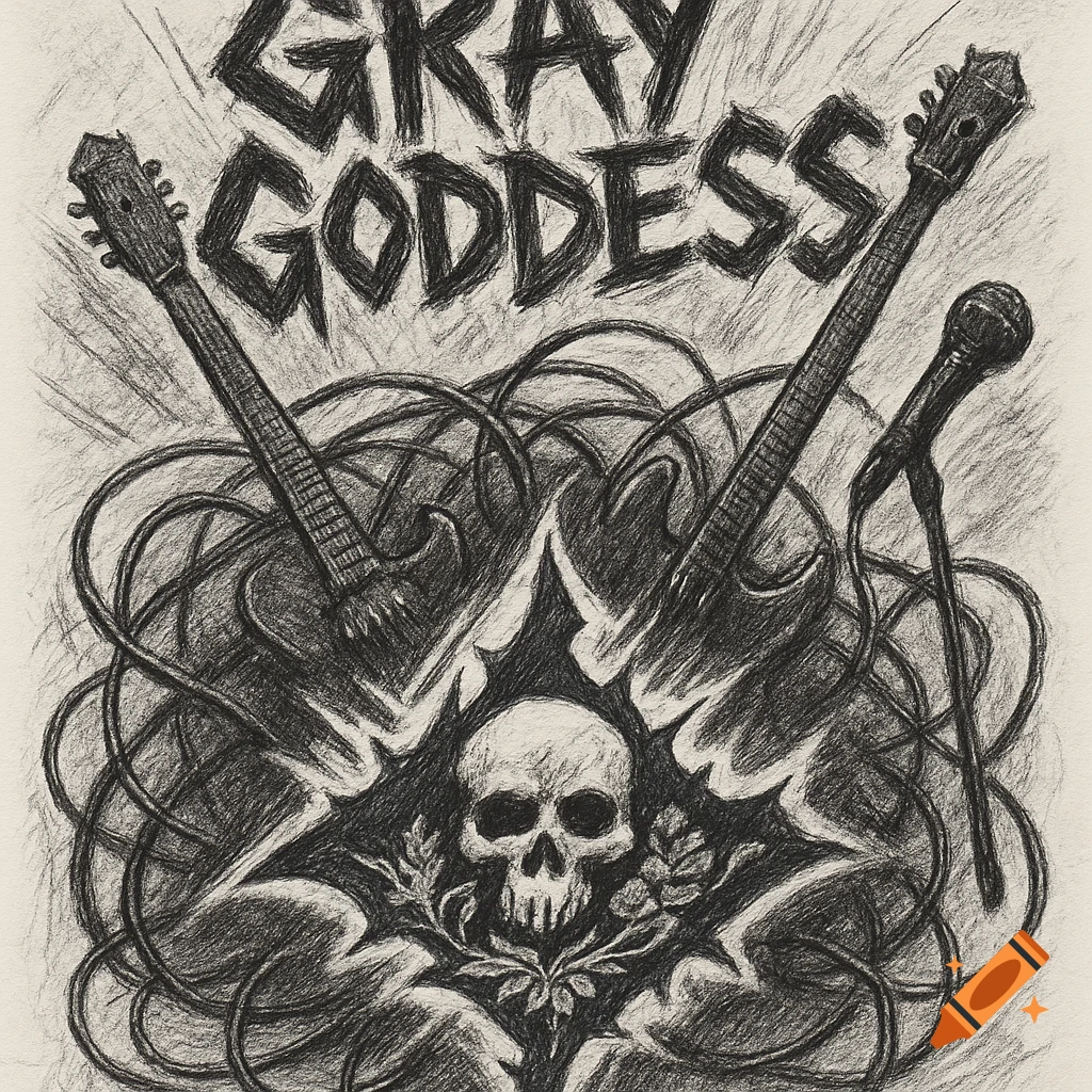 A black and white pencil sketch of a skull surrounded by guitars, a microphone, and wires, with 'GRAY GODDESS' text above.