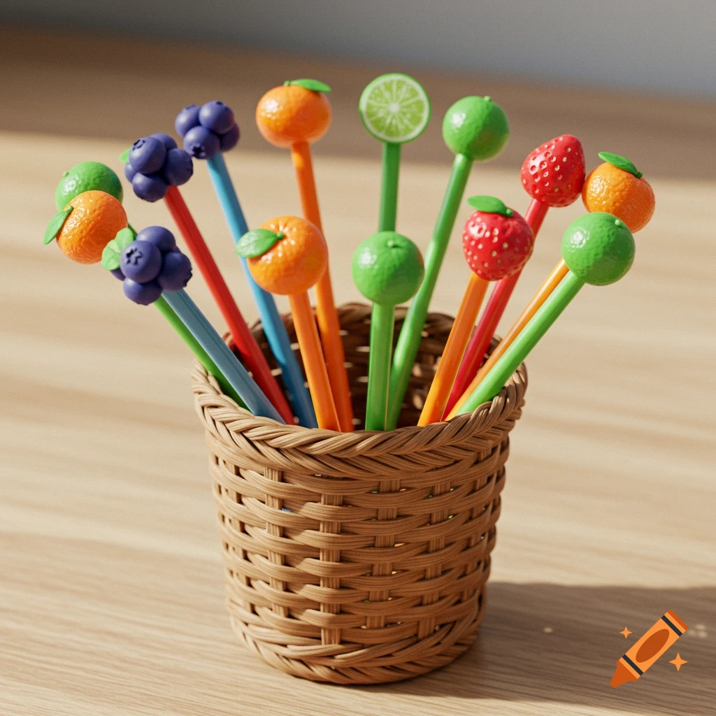 Colorful pens with fruit toppers in a brown wicker cup on a wooden surface.
