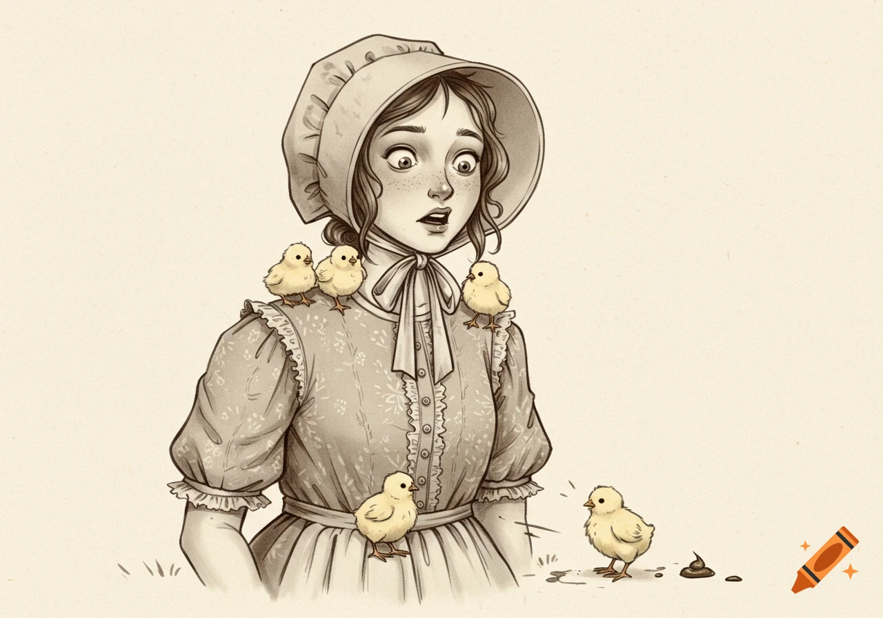 A young woman in a bonnet and dress looks surprised, surrounded by several small yellow chicks, one of which has left a small pile of droppings on the ground. The image is a hand-drawn illustration.