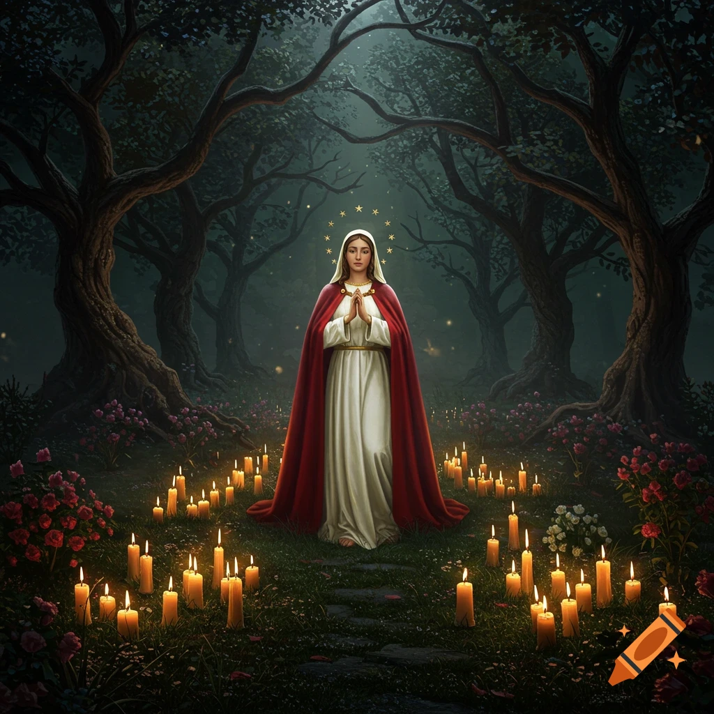 Virgin Mary in a red cloak and white dress stands among many lit candles in a dark, mystical forest at night.