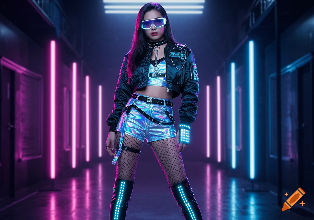 A woman in a futuristic, edgy holographic k-pop outfit with neon lights and LED accents poses in a dark, neon-lit hallway.