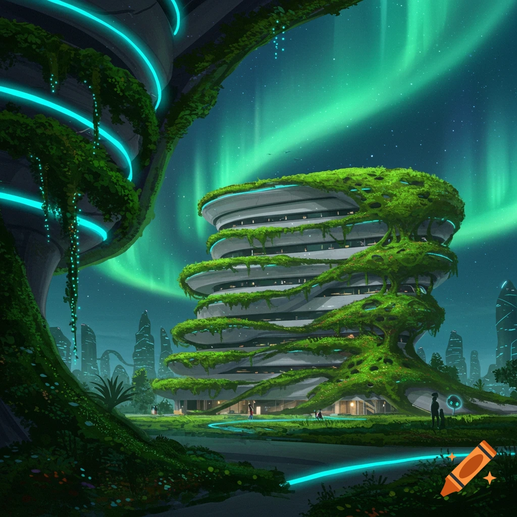 A futuristic spiraling building covered in lush green foliage and glowing blue lights under a vibrant green aurora borealis.