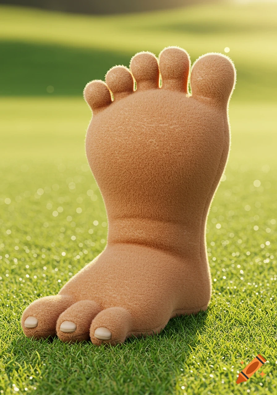 A plush, cartoon-like foot golf club head cover stands upright on a green grassy field.
