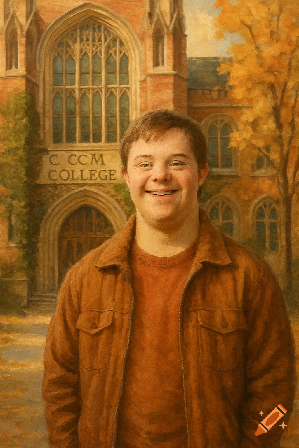 A smiling young man in a brown jacket stands in front of a brick college building with autumn trees, in a painterly style.