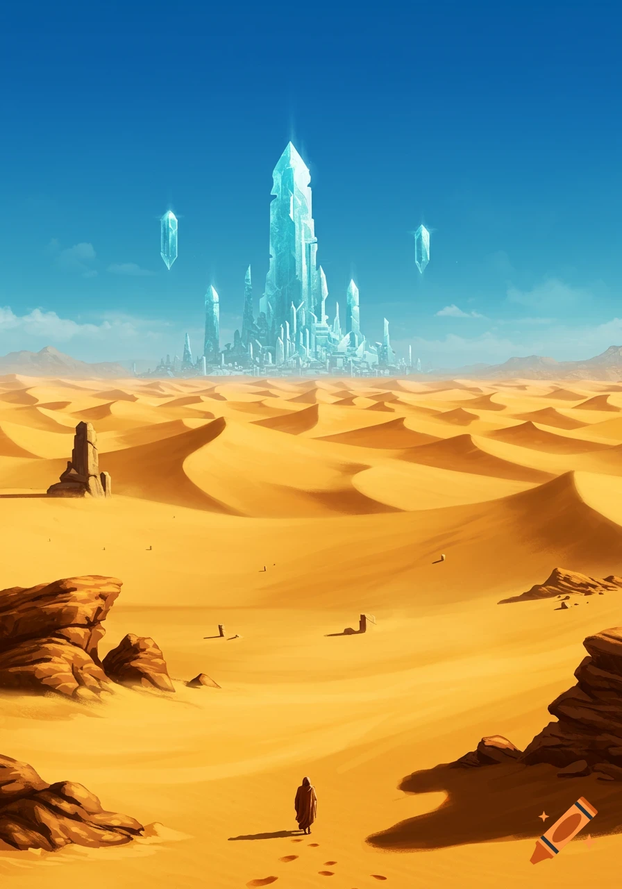 A lone figure walks across a vast desert towards a sparkling crystalline city under a clear blue sky.
