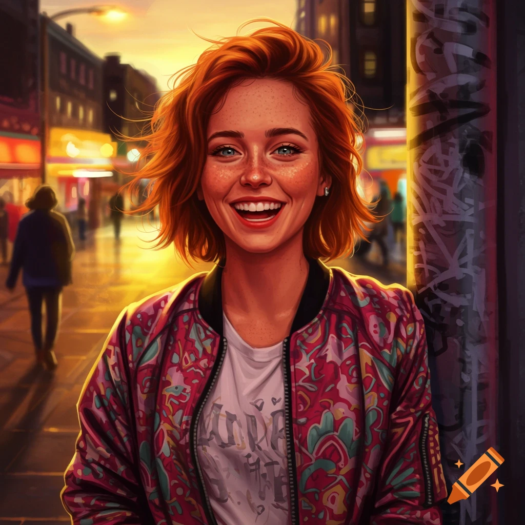 A smiling young woman with red hair and freckles stands on a vibrant street at sunset, wearing a patterned bomber jacket.