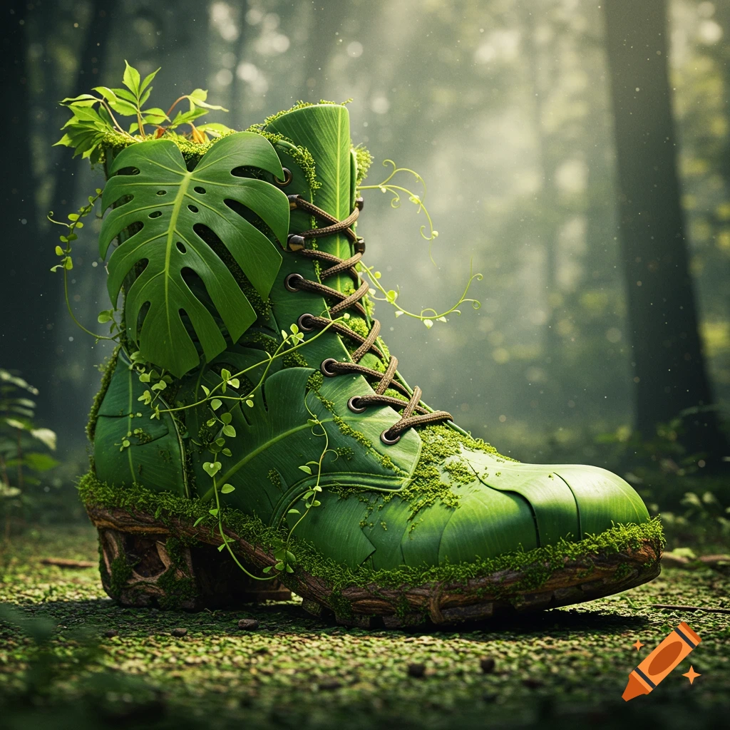 A realistic photo of a boot made of green monstera leaves, moss, and vines, sitting in a misty forest.