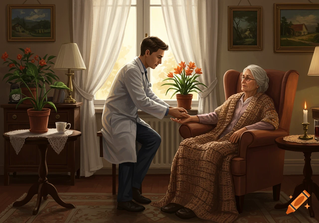 A doctor gently holds the hand of an elderly woman seated in an armchair by a sunlit window in a warm, domestic setting.