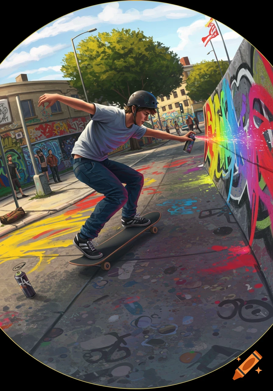 A young person on a skateboard spray painting a vibrant rainbow graffiti design on a wall in an urban setting, with other graffiti covering surfaces. The image has a fisheye lens effect.