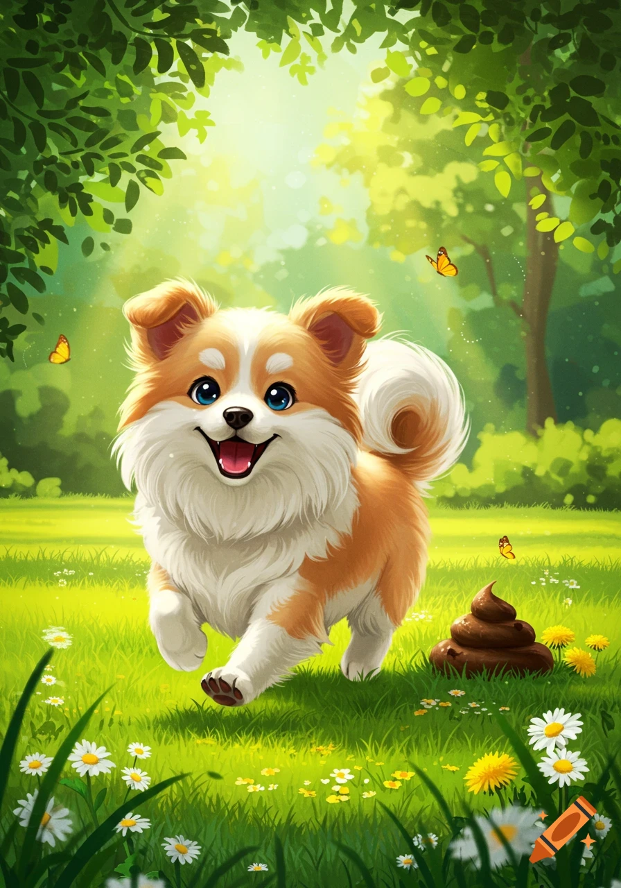 A happy cartoon dog runs through a grassy park next to a pile of poop, with butterflies and flowers.
