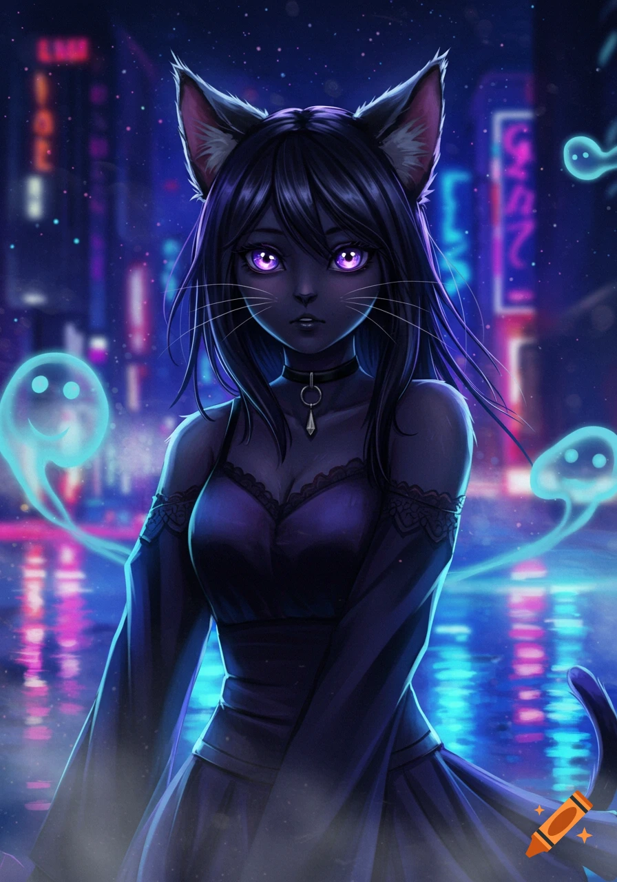 An anime black cat girl with purple eyes stands in a neon lit city at night, with glowing ghost figures.