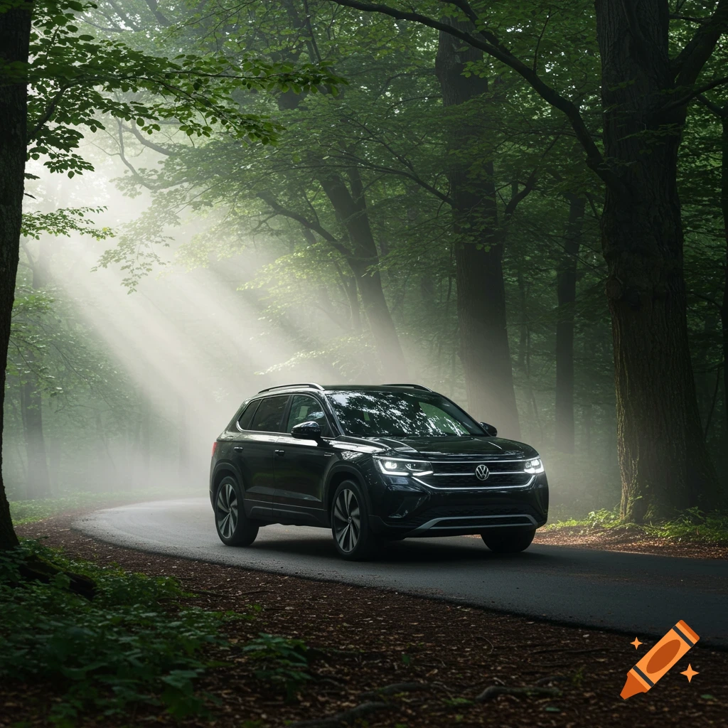 A black Volkswagen SUV drives on a winding road through a misty, sun-dappled forest.