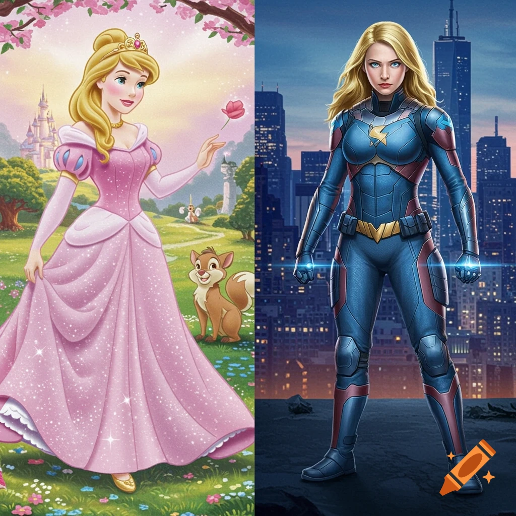 A split image showing a blonde princess in a pink dress in a garden and a blonde female superhero in a blue suit against a city skyline.