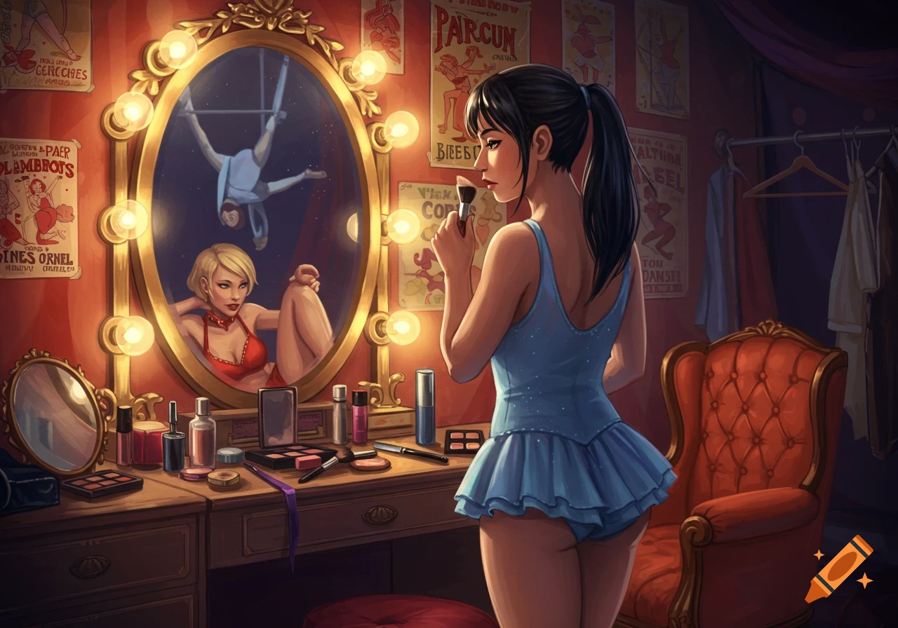 A woman in a blue leotard applies makeup at a brightly lit vanity in a dressing room, while another woman in a red outfit is reflected in the mirror.