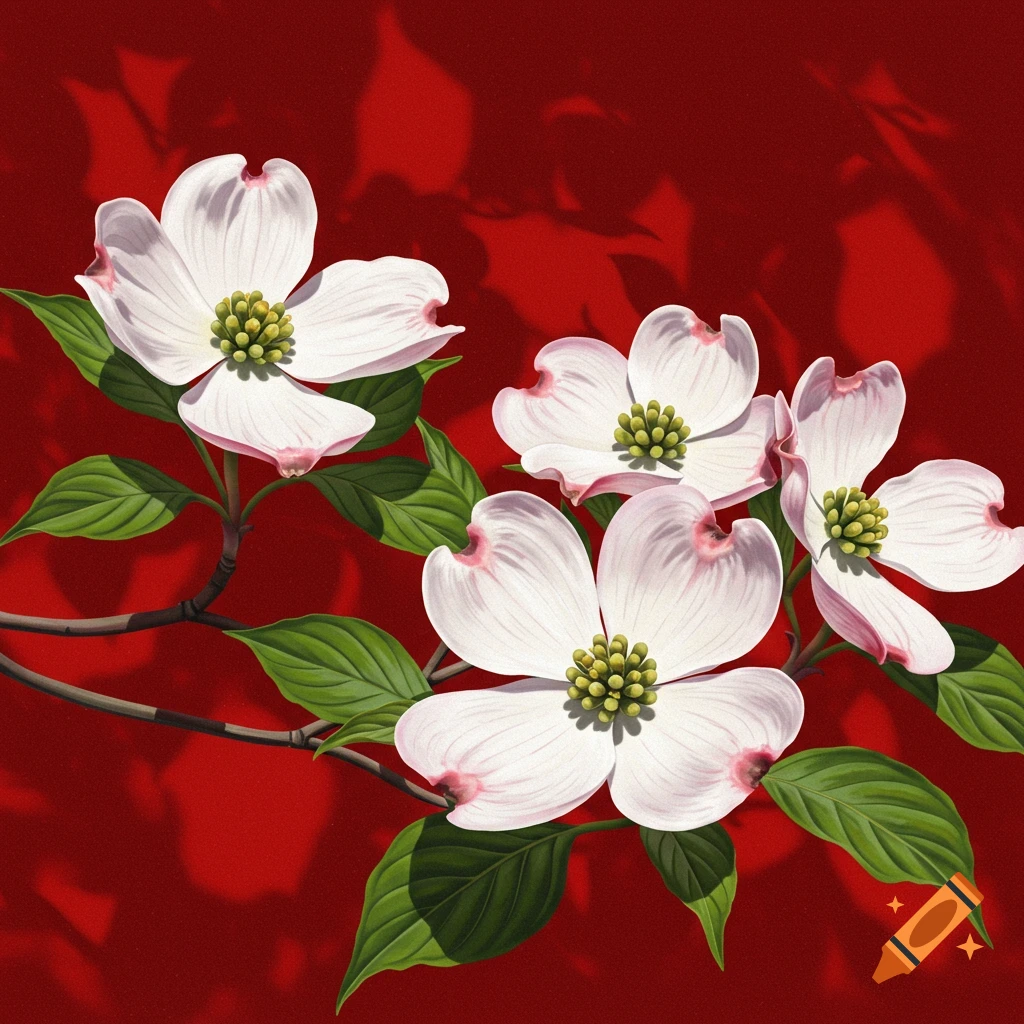 Detailed illustration of white dogwood flowers with green leaves against a vibrant red background.