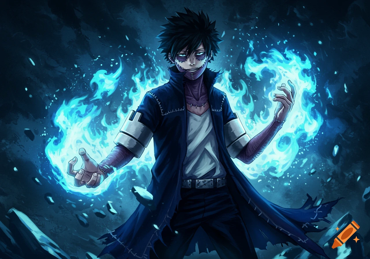 An anime character, Dabi from My Hero Academia, with dark spiky hair and scarred skin, stands with glowing blue flames emanating from his hands in a dynamic pose.
