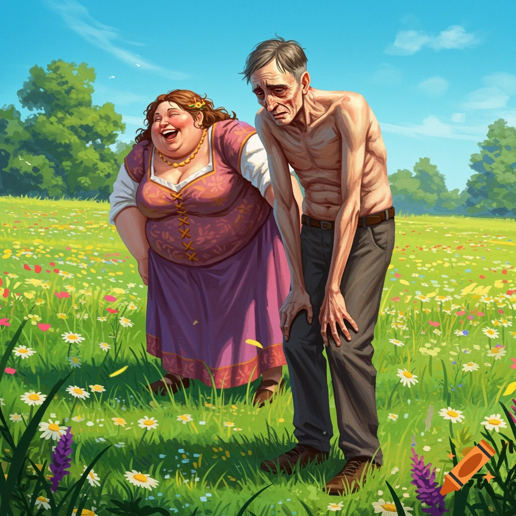 A large laughing woman stands behind a thin, miserable man in a colorful, sunny meadow full of flowers.