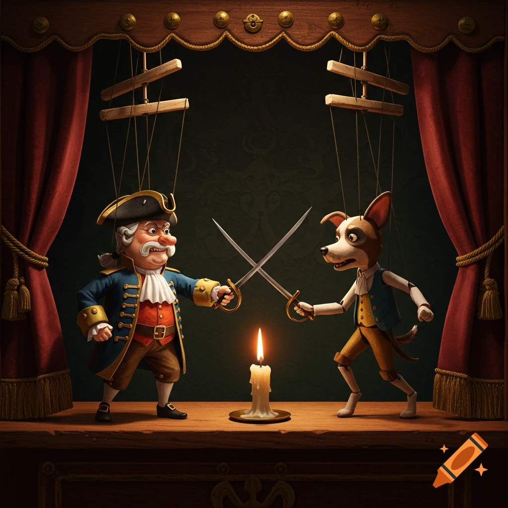 Two detailed marionette puppets, a pirate and a dog, duel with swords on a wooden stage with red curtains and a lit candle.