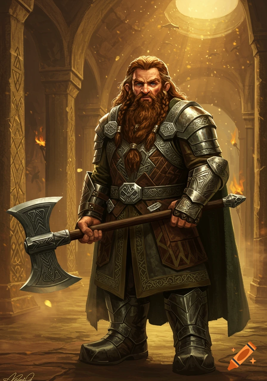 A fierce dwarf warrior with a long red beard, clad in detailed metal armor, holds a large double-bladed axe in a grand, golden-lit stone hall.