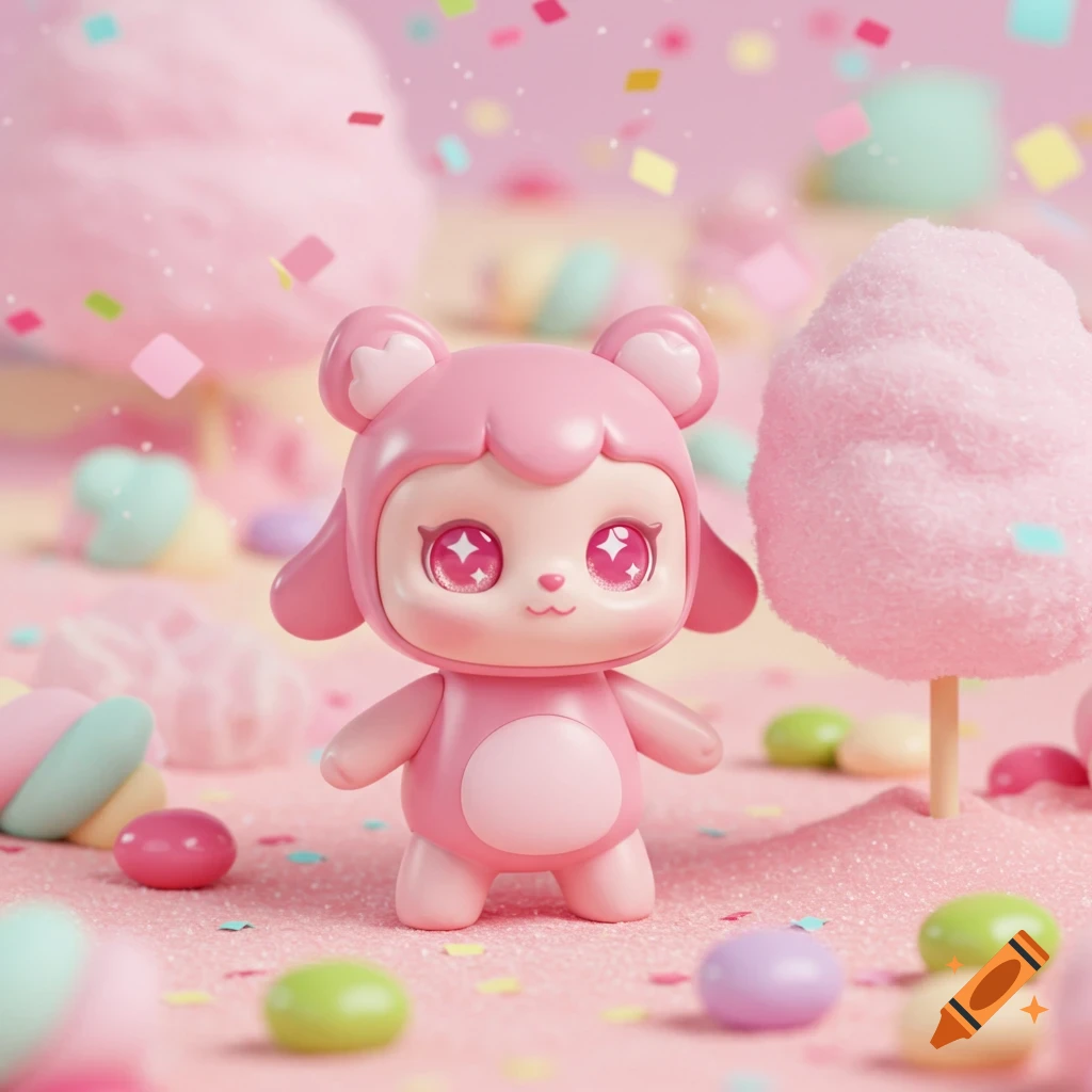 A cute pink toy character with shiny eyes on a glittery pink surface, surrounded by candies, cotton candy, and confetti.