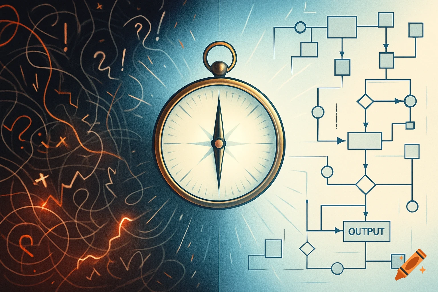 A central golden compass divides an image into two halves: a dark, chaotic left side with swirling orange lines and question marks, and a bright, clear right side with a precise flowchart ending in an 'OUTPUT' box.
