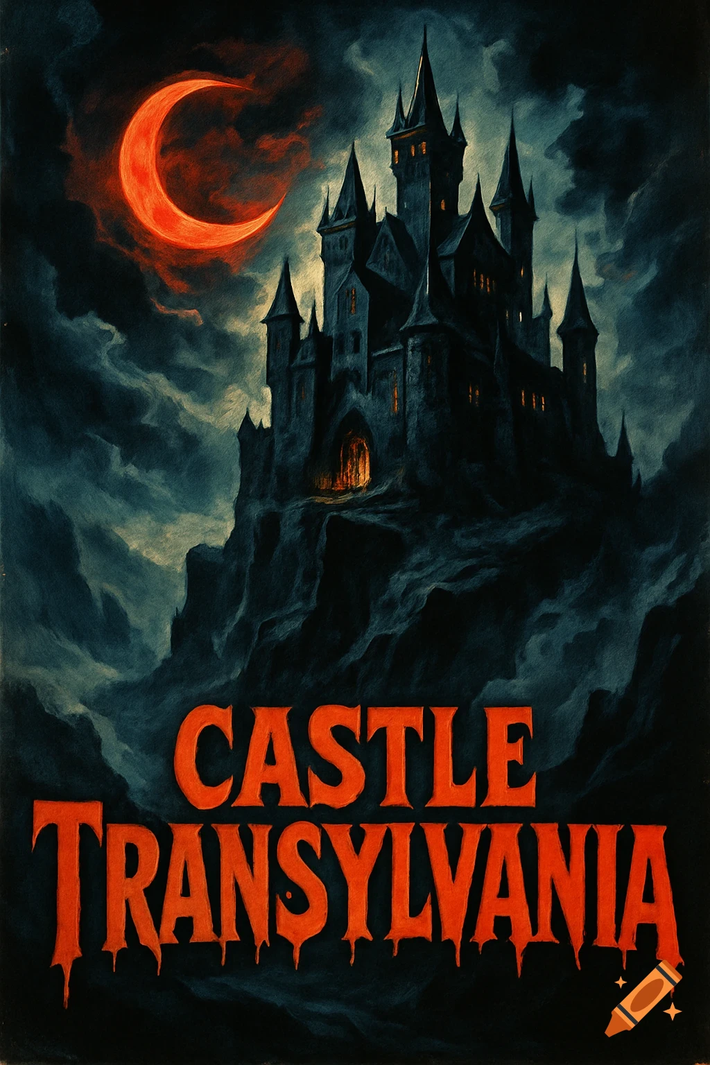 Gothic horror movie poster featuring a dark castle on a cliff under a red crescent moon, with "CASTLE TRANSYLVANIA" text.