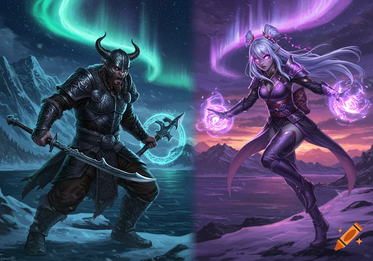 A male Norse dark elf warrior with a sword and a female anime dark elf sorceress with glowing magic face off under aurora skies.