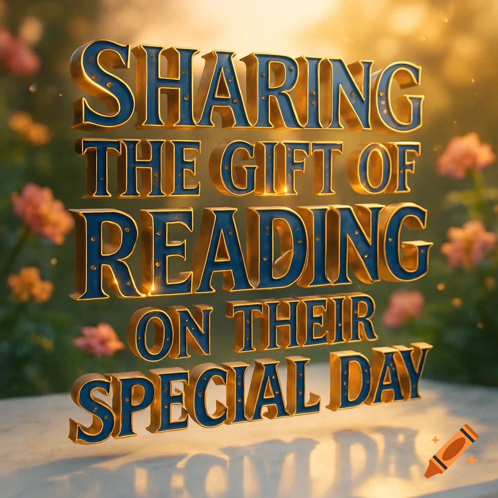 3D golden and blue text spells 'Sharing the gift of reading on their special day' in a blurry garden with pink flowers at sunset.