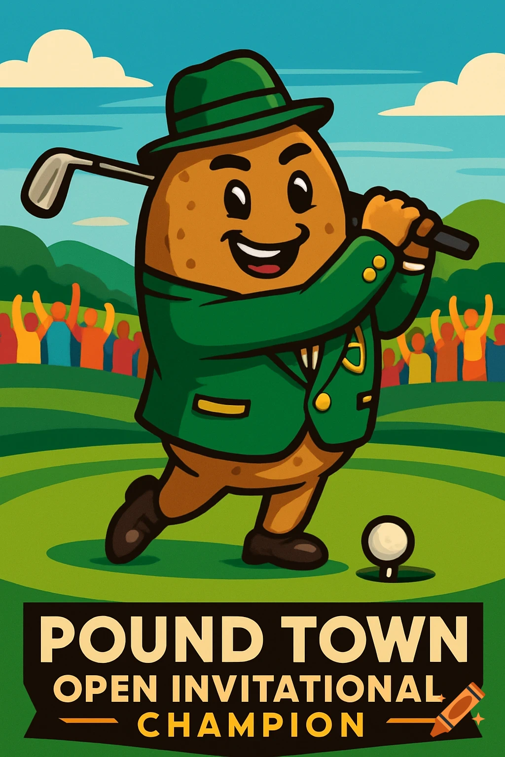 A smiling cartoon potato character in a green suit plays golf on a green course, with 'POUND TOWN OPEN INVITATIONAL CHAMPION' text below.