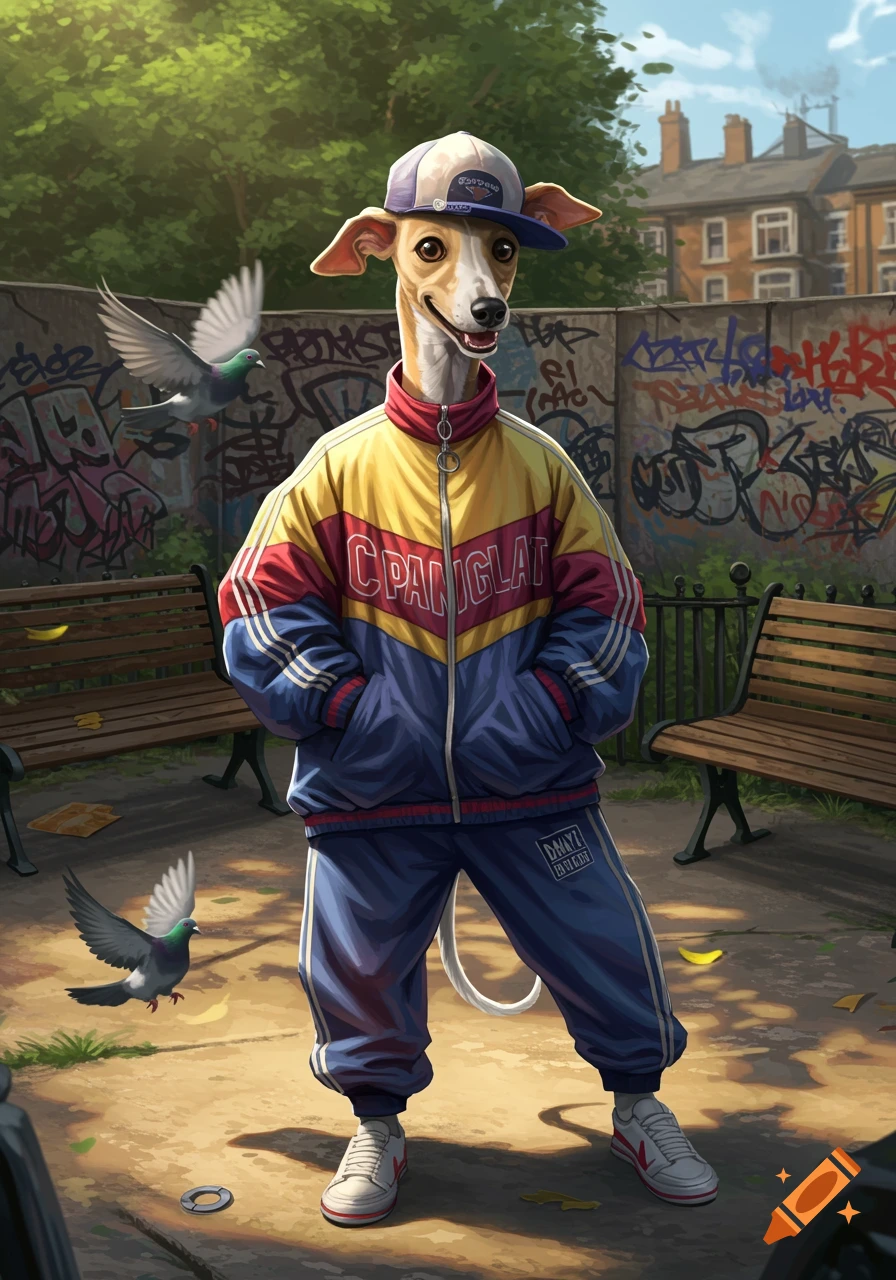 An anthropomorphic whippet dog wearing a colorful tracksuit and baseball cap stands in an urban park with graffiti walls, surrounded by pigeons.
