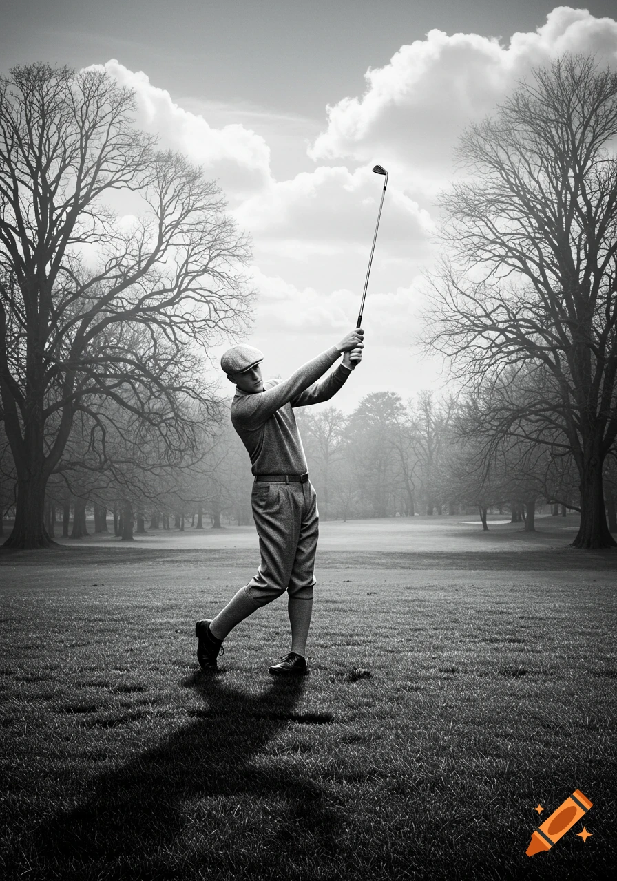 A male golfer in vintage attire swings a golf club on a grayscale course with bare trees.
