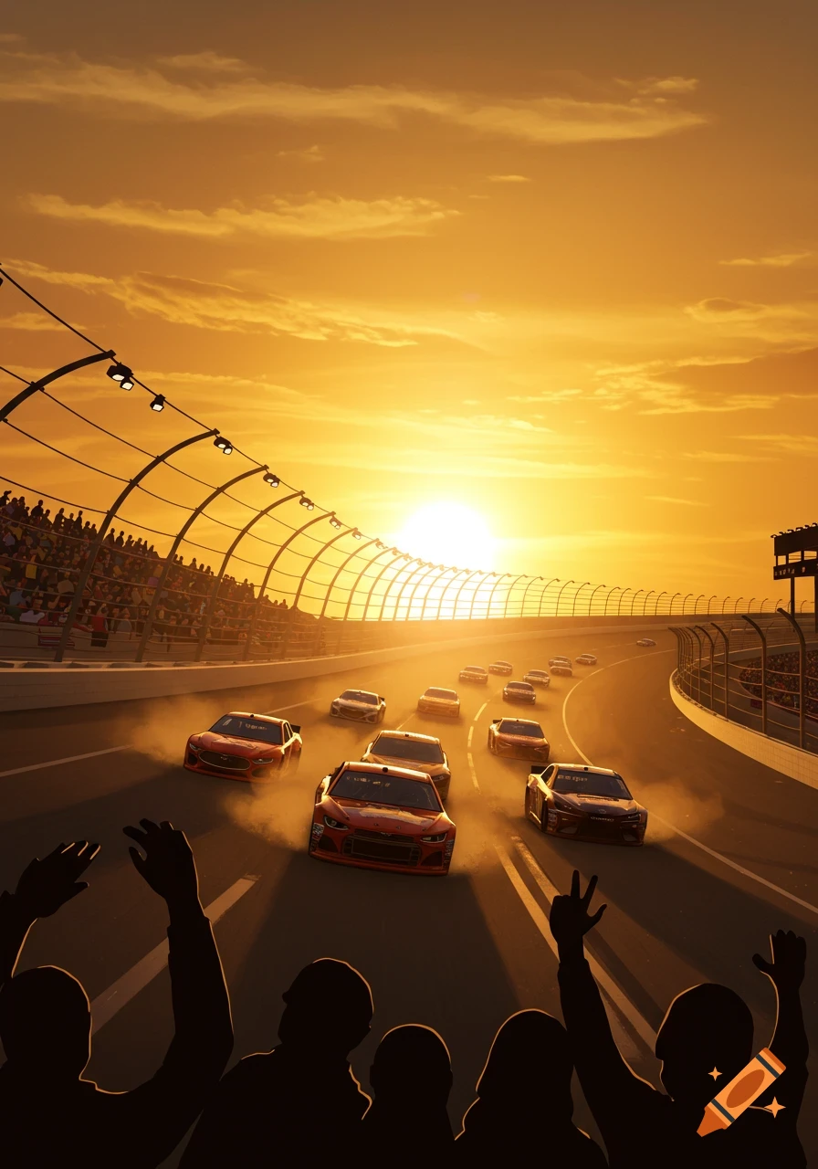 An illustration of a NASCAR race at sunset, with several race cars kicking up dust on the track and silhouetted spectators cheering from the foreground.