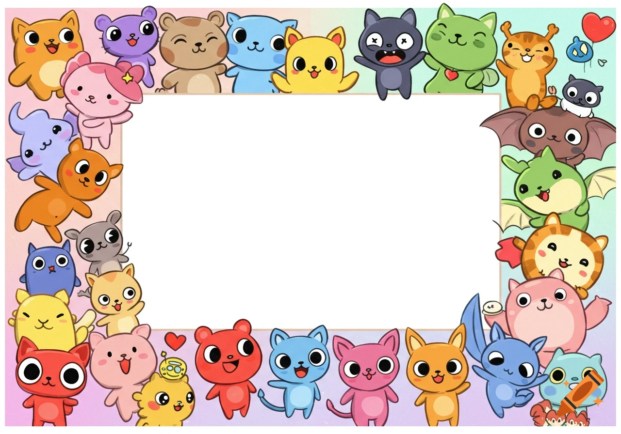 A colorful cartoon frame featuring various cute, smiling animal characters surrounding a blank white space in the middle.