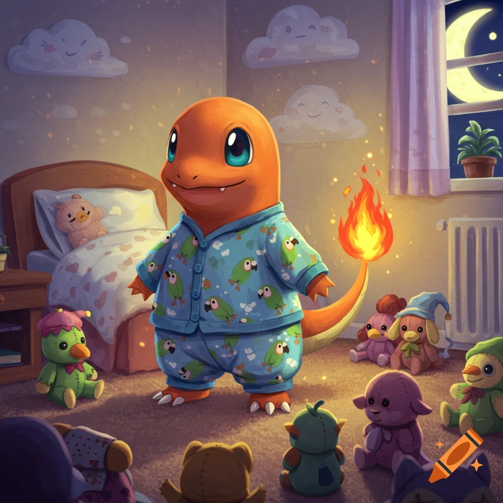 A cute Charmander wearing blue pajamas with green parrots on them, standing in a cozy bedroom surrounded by various plush toys.