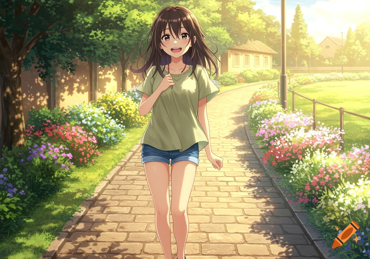 An anime girl with brown hair in a green shirt and blue shorts walks on a stone path through a sunny park with colorful flowers.