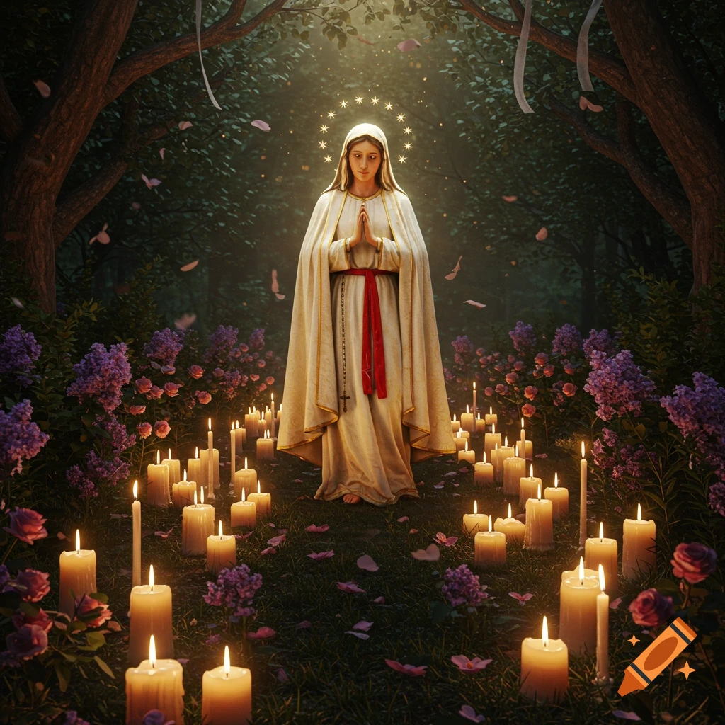 Virgin Mary standing in a mystical, candle-lit garden surrounded by flowers and trees, with a halo of stars.
