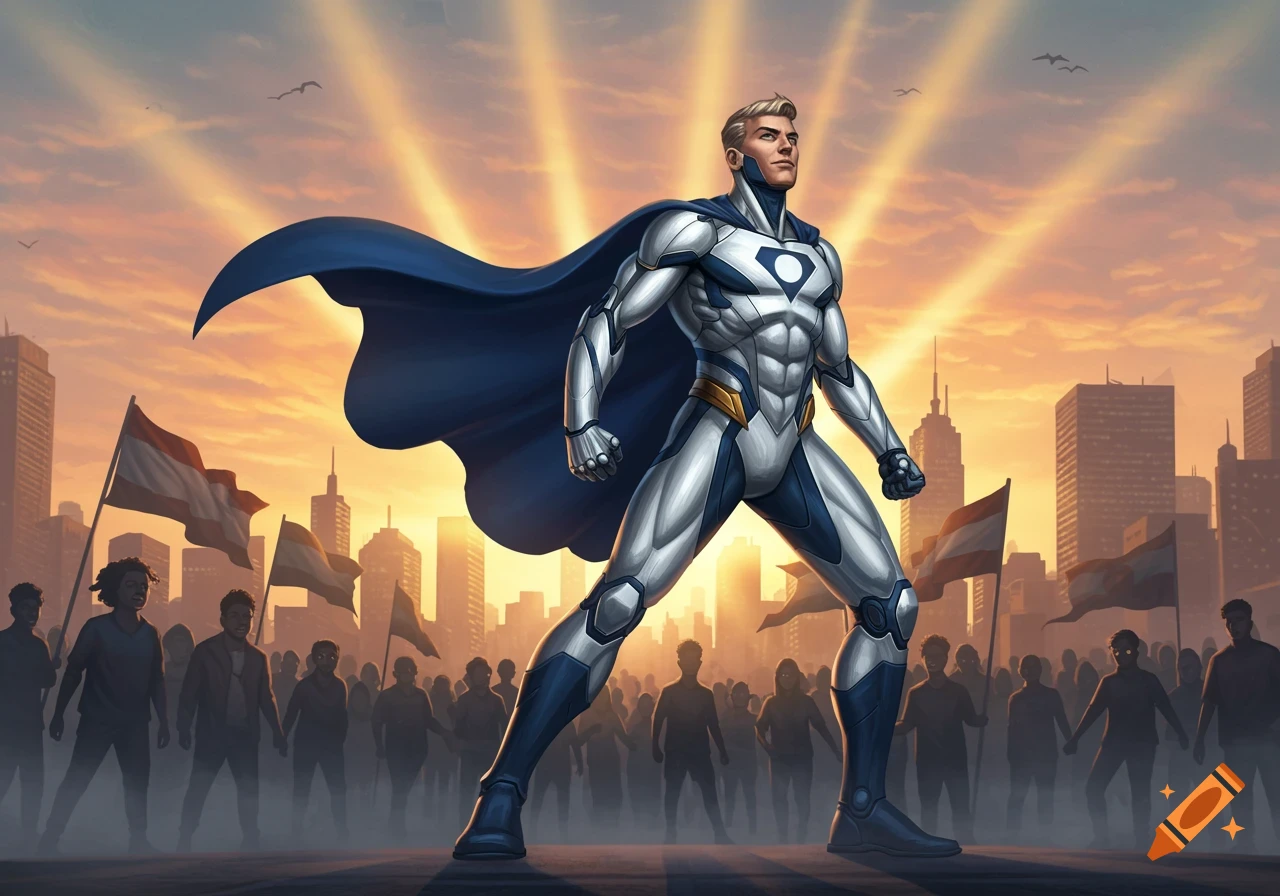 A superhero in a blue and silver suit and cape stands confidently before a crowd and city skyline at sunset in a comic book style.