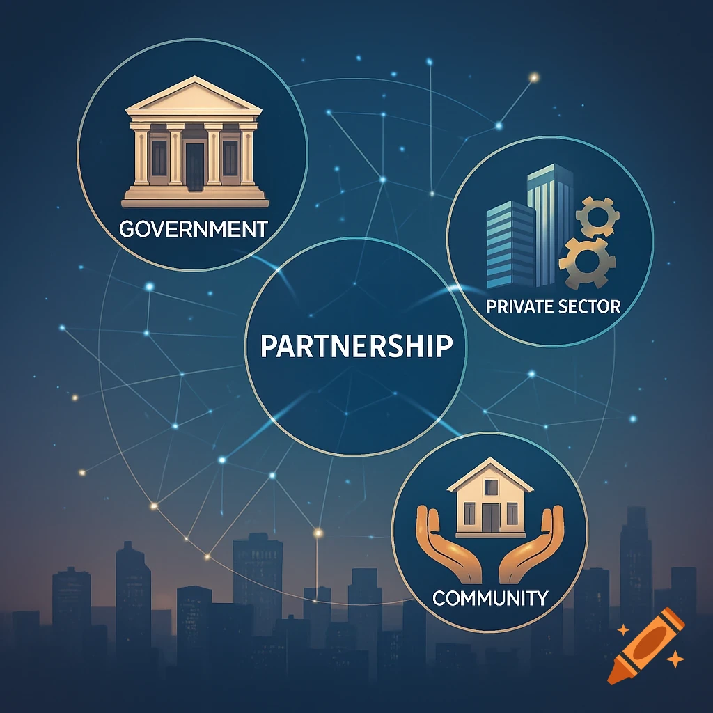 Conceptual diagram showing collaboration between government, private sector, and community, with partnership in the center.