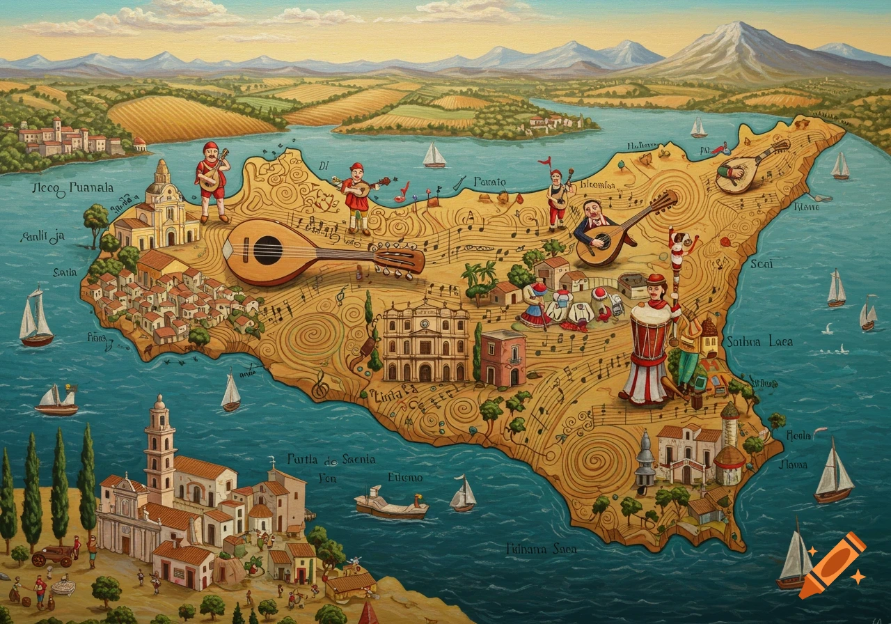 A surrealist map painting of Sicily with folk musicians, instruments, buildings, and musical notes covering the land.