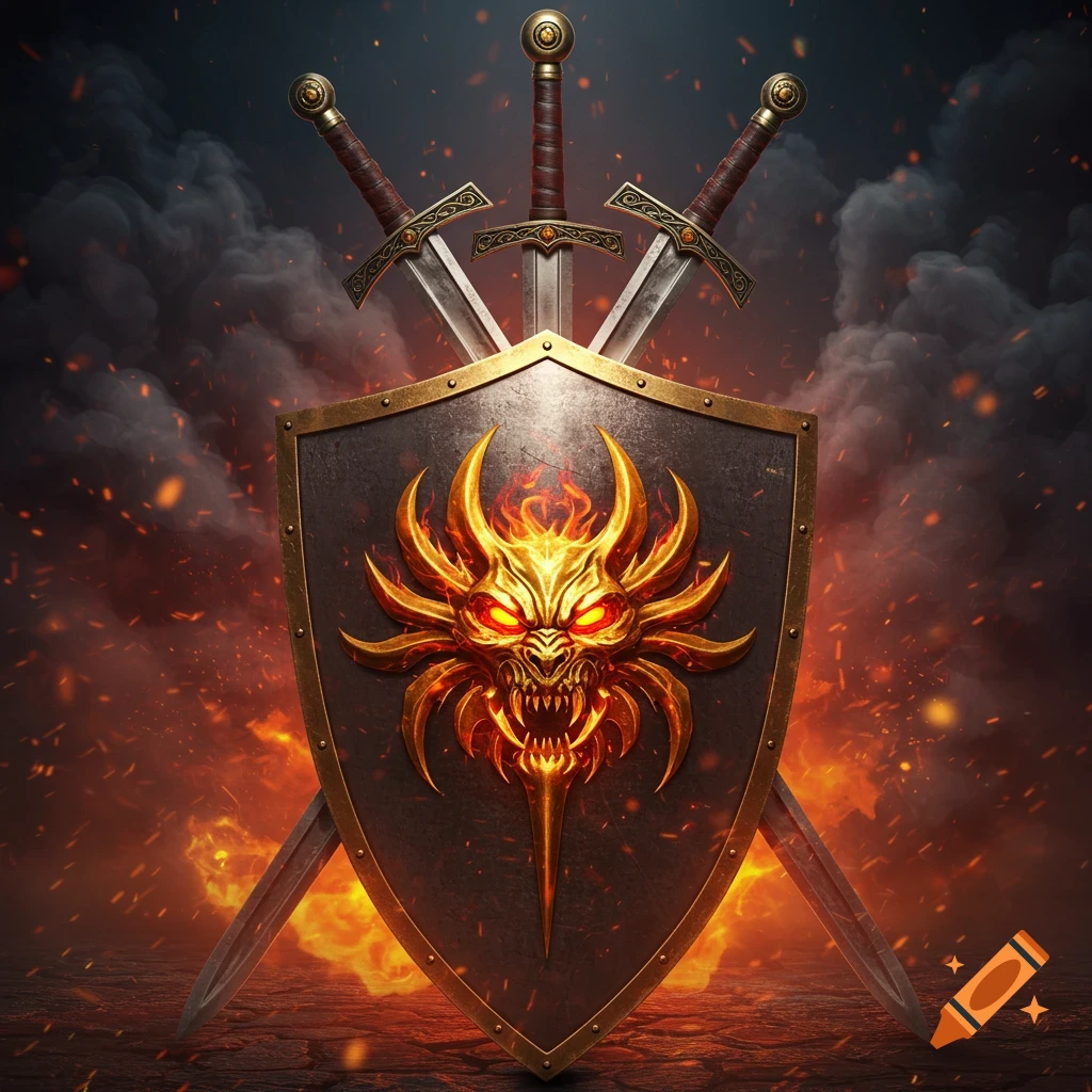 A dramatic image of a dark shield with a glowing golden dragon emblem, flanked by two crossed swords against a fiery, smoky background.
