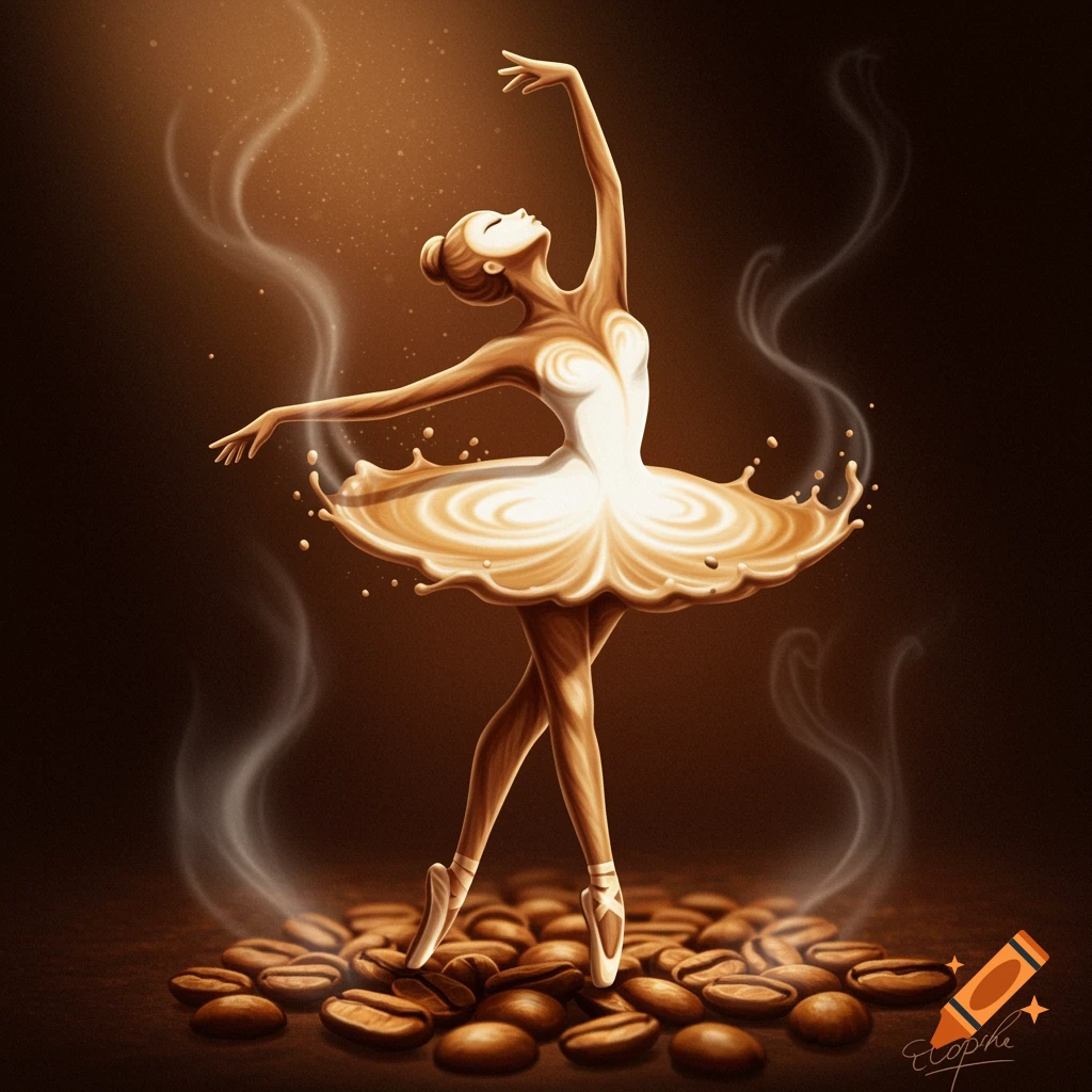 An artistic illustration of a ballerina made from coffee and milk foam, standing on a bed of coffee beans with steam rising.