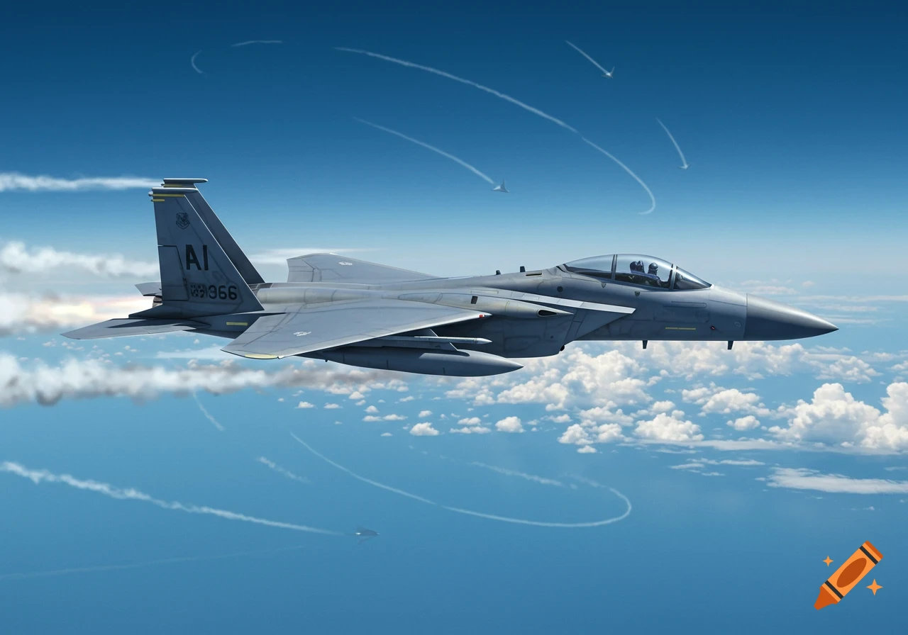 Photorealistic F-15 Eagle fighter jet flying in a clear blue sky with white clouds.