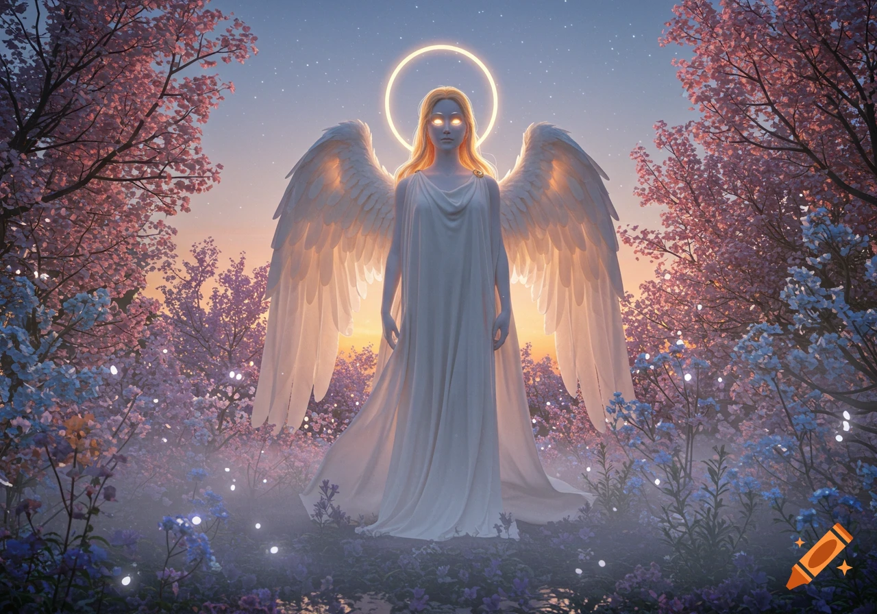 Ethereal angel with large white wings and a glowing halo stands in a mystical garden with pink and blue blossoms under a starry sky.