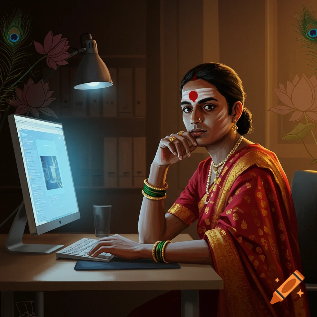 A contemplative Indian woman in a red saree with a bindi sits at a desk, looking at the viewer while her hand rests on a computer keyboard.