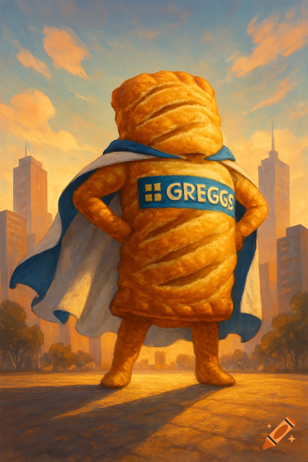 A superhero resembling a giant puff pastry sausage roll, wearing a white and blue cape with 'GREGGS' written on it, stands against a cityscape at sunset.